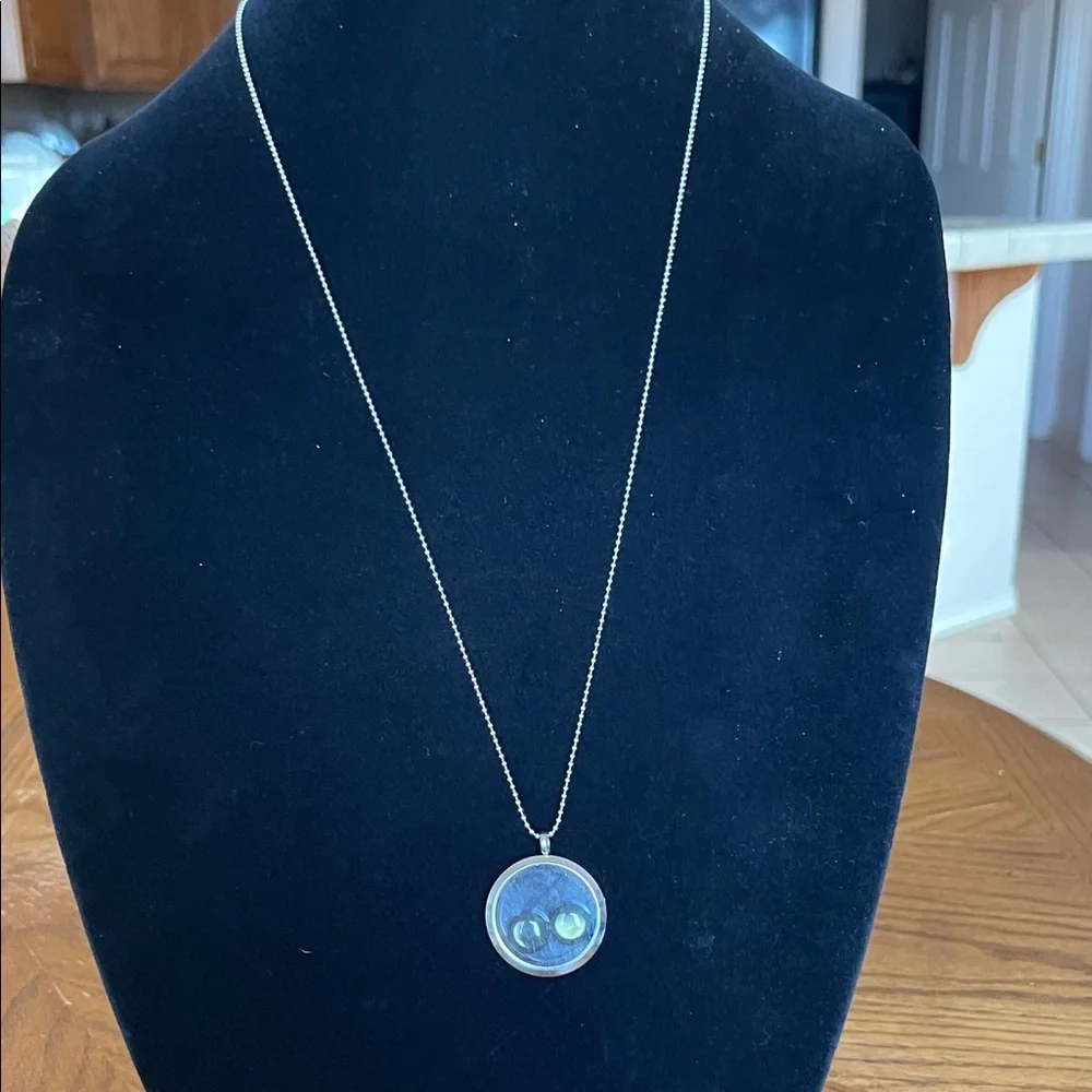 Round Silver Locket Necklace with Iridescent Blue-Green Orbs